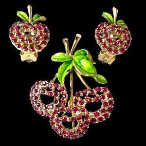 Wild Cherry Vintage Brooch Ear Clips Ruby Red Rhinestones Fruit Enamel Jewelry